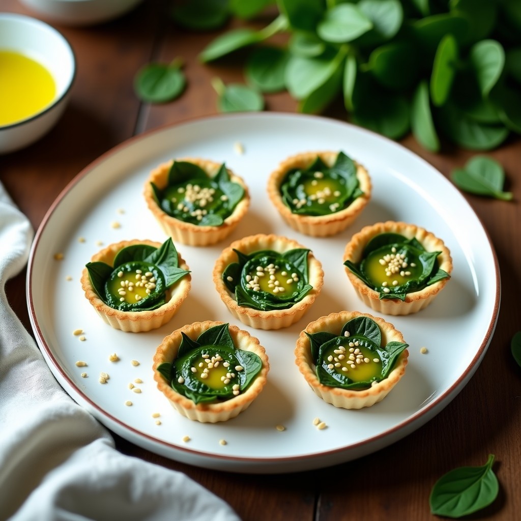 Tartaletas veganas de espinaca y tofu sedoso en molde de silicón, con textura crujiente por fuera y cremosa por dentro, decoradas con semillas de sésamo.