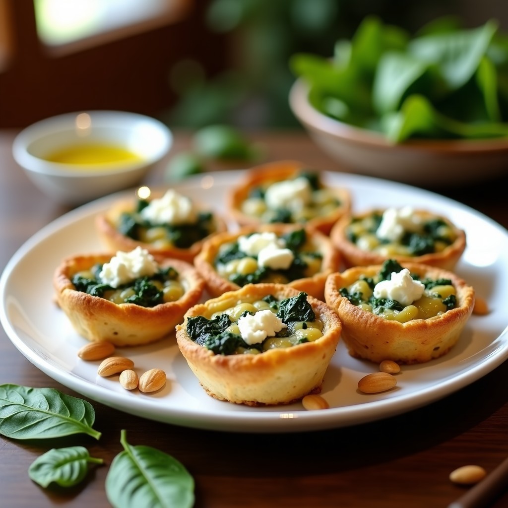 Tartaletas doradas y crujientes rellenas de espinacas y queso feta, servidas en plato blanco con piñones y aceite de oliva, receta en airfryer.