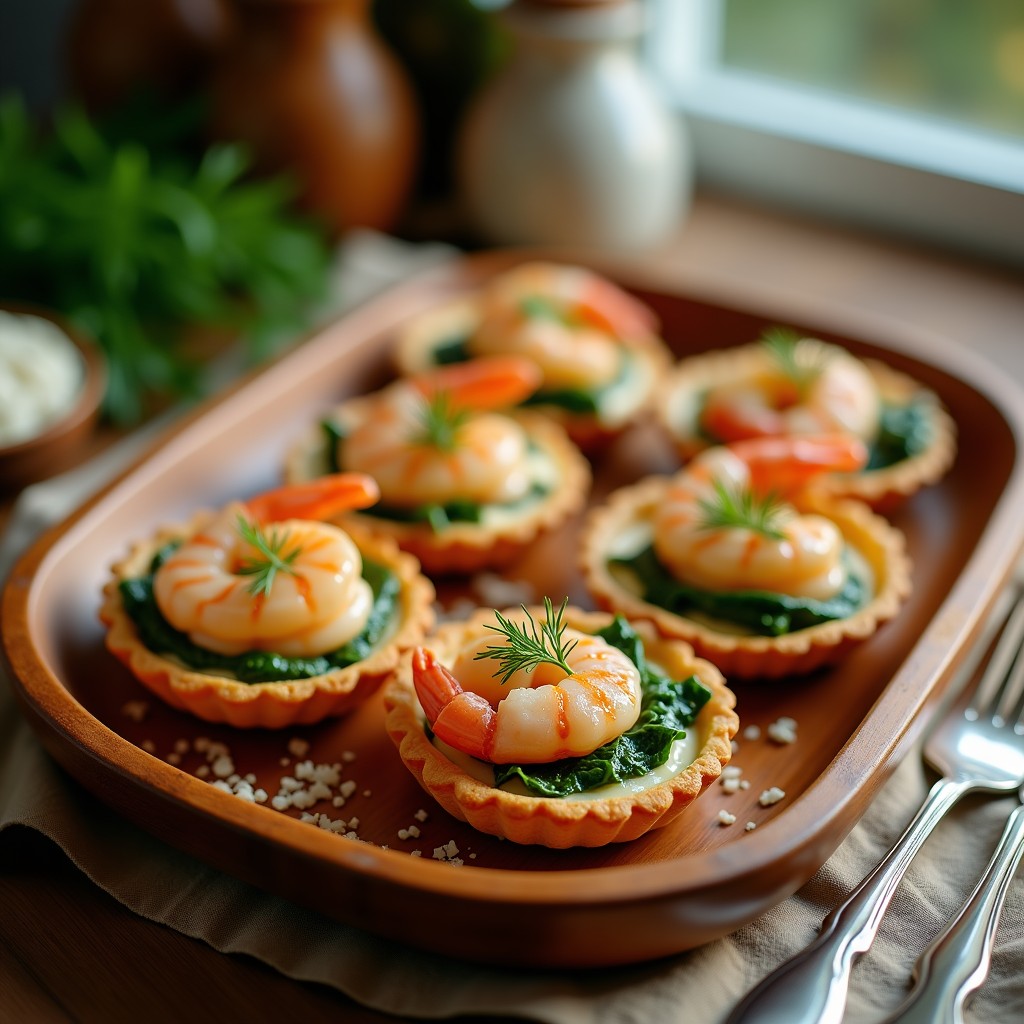 Tartaletas doradas rellenas de crema verde de espinacas y coronadas con gambas rosadas gratinadas, servidas en una bandeja de madera rústica con Hierbas frescas.