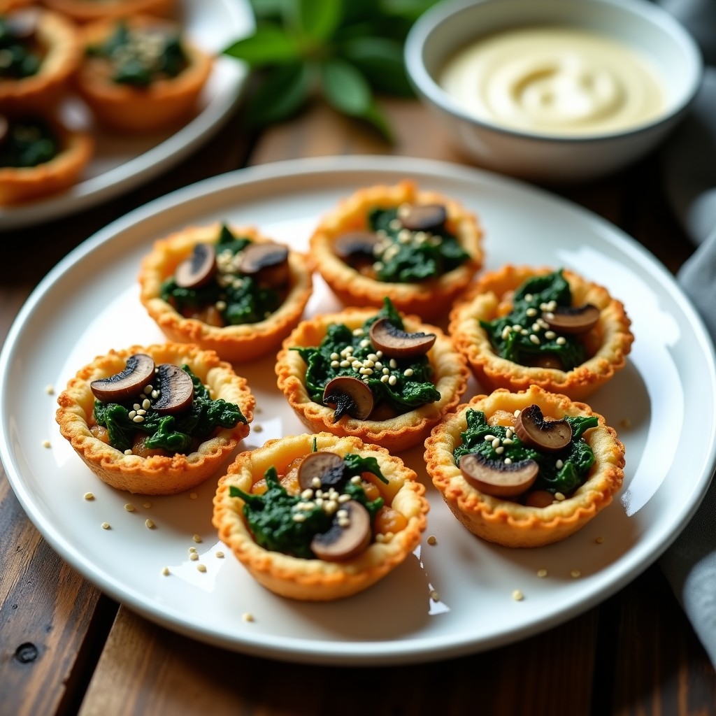 Tartaletas doradas de quinoa inflada rellenas de espinacas y hongo maitake, servidas en un plato de cerámica blanca con semillas de sésamo espolvoreadas, receta en airfryer con umami explosivo.