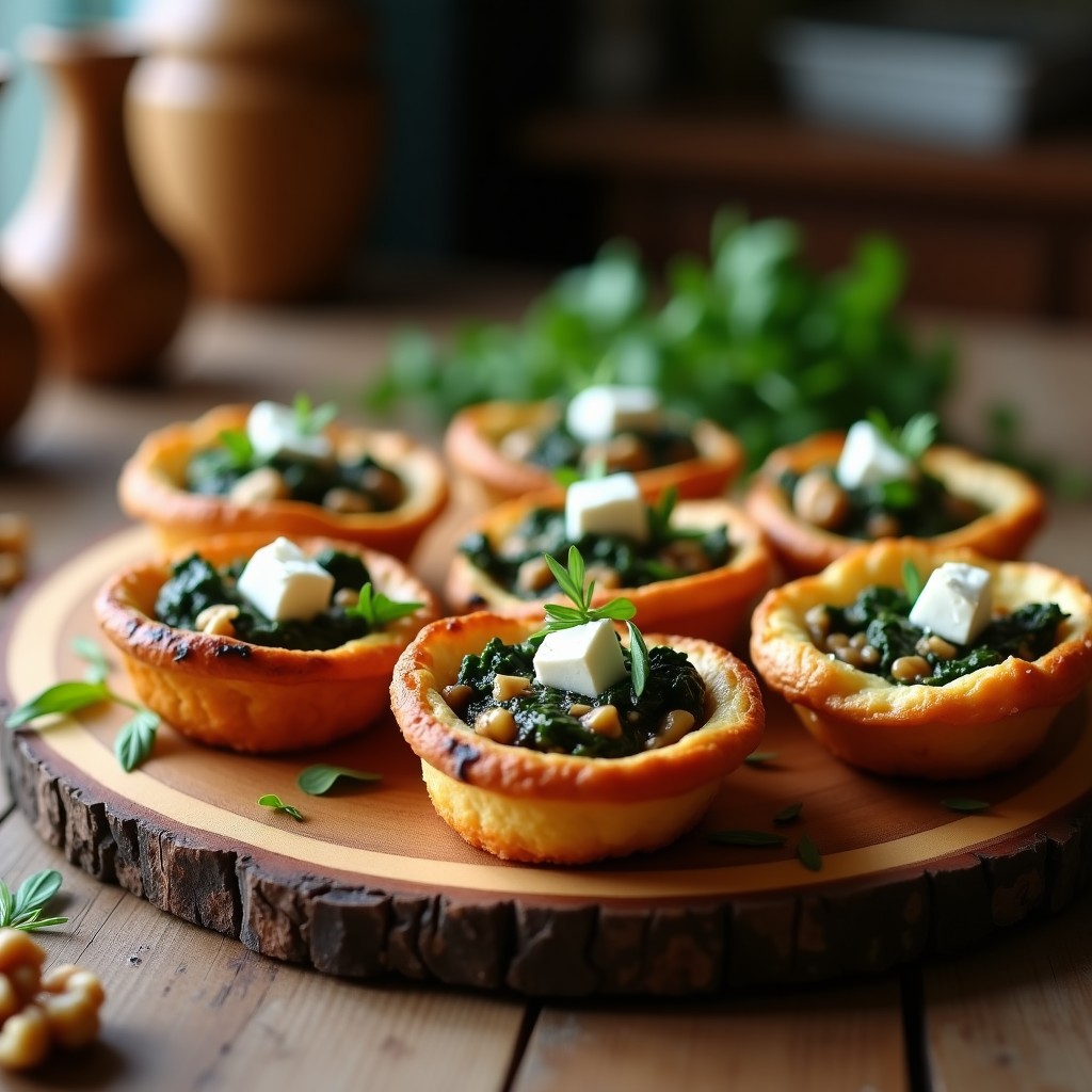Tartaletas doradas y crujientes rellenas de espinacas y hongos portobello, servidas en una bandeja de madera con decoración de nueces y tomillo fresco.