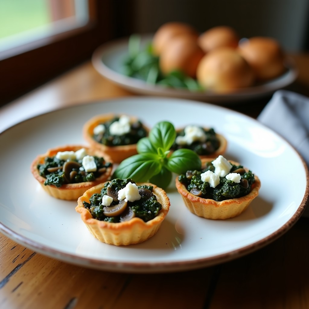 Tartaletas doradas de masa sin gluten rellenas de espinacas salteadas y hongos Portobello, coronadas con queso de cabra desmenuzado. Plato elegante y crujiente, receta Thermomix.