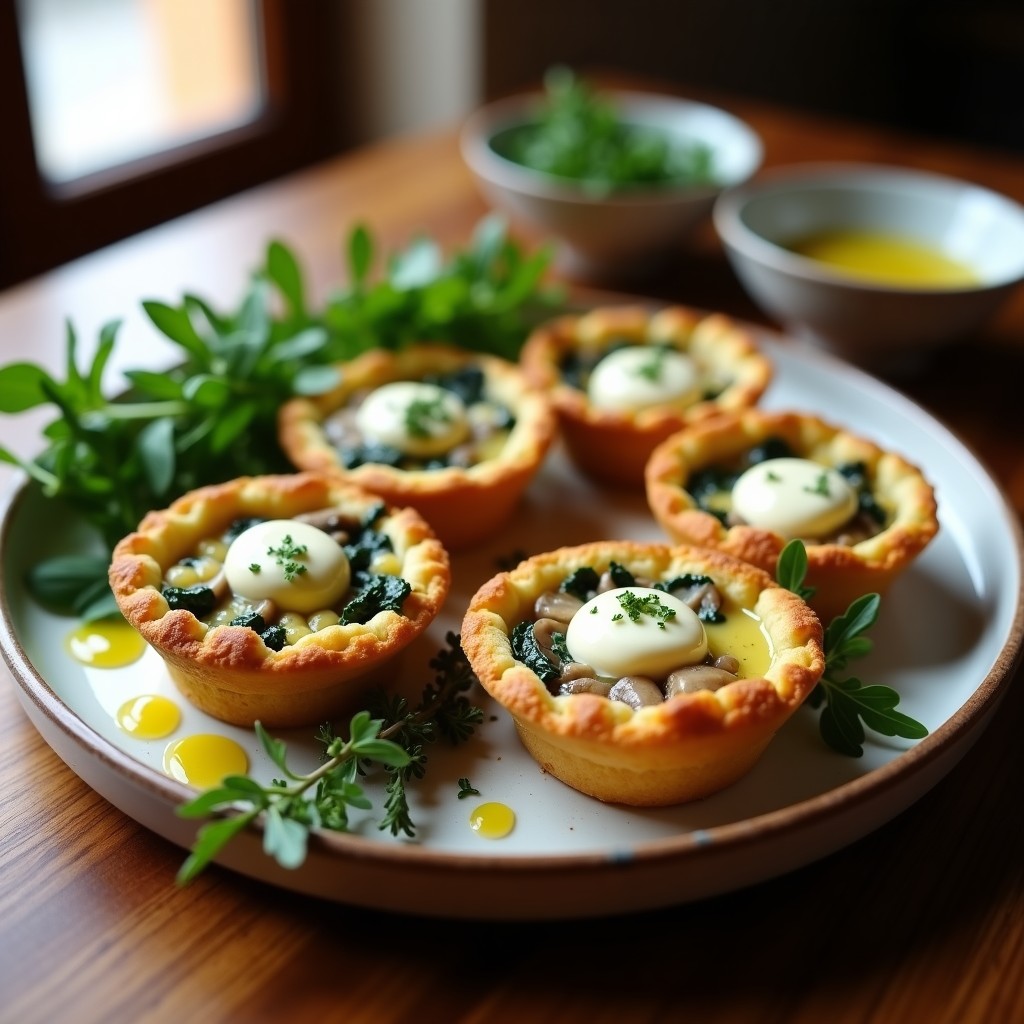 Tartaletas veganas de espinacas y hongos portobello en molde desmontable, con base dorada y crujiente, rellenas de un mix cremoso de espinacas, hongos y queso de anacardos, decoradas con rúcula fresca.