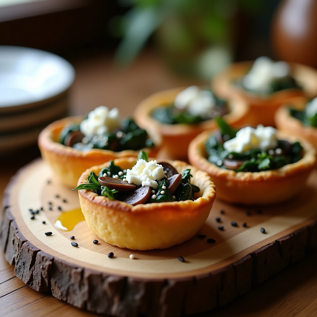 Tartaletas doradas rellenas de espinacas y hongos shitake con queso de cabra desmenuzado, receta con umami intenso y sin horno.