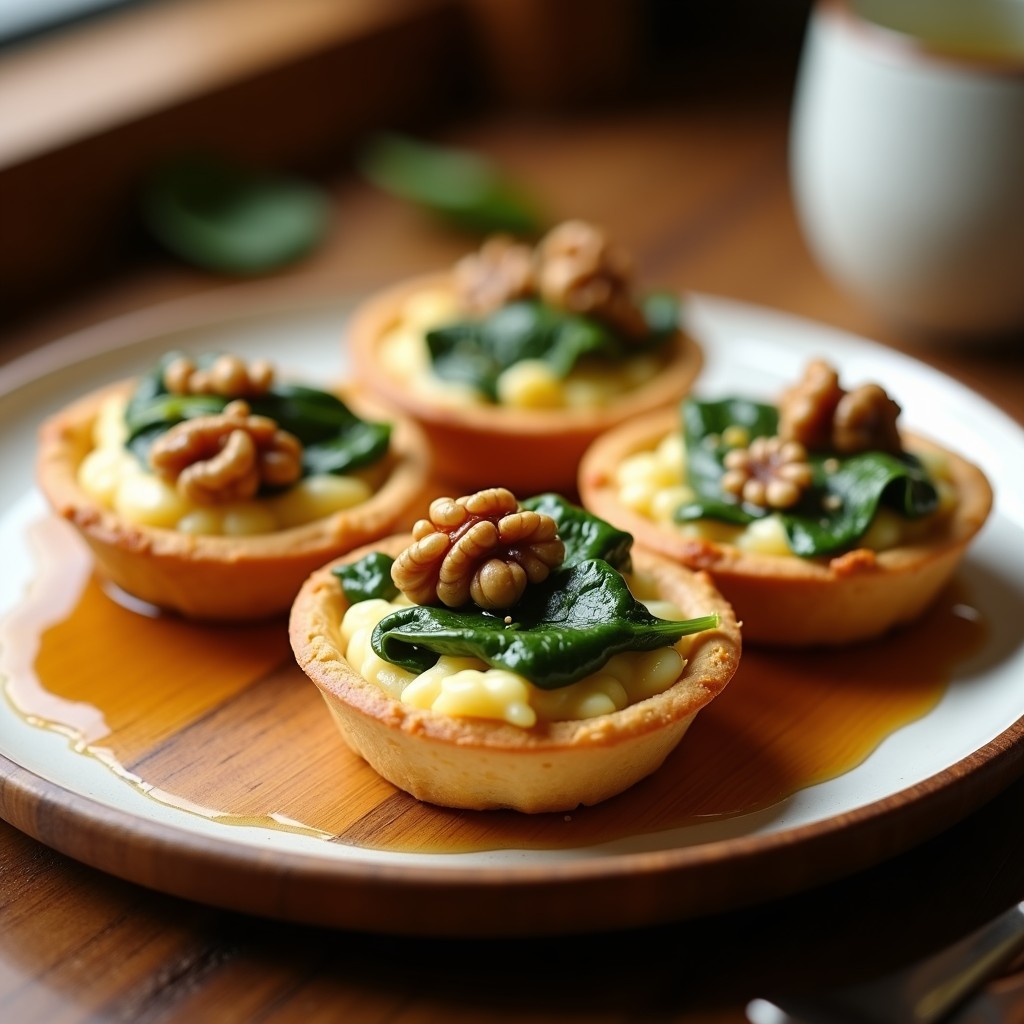 Tartaletas doradas en moldes individuales con relleno cremoso de espinacas y queso de cabra, decoradas con nueces picadas y un hilo de miel brillante, servidas sobre una tabla de madera rústica.