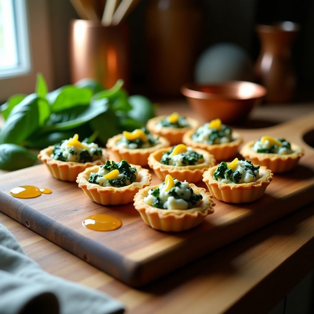 Tartaletas doradas de masa quebrada rellenas de espinacas salteadas y queso de cabra desmenuzado, con un hilo de miel de romero, servidas en una bandeja de madera rústica. Receta de tartaletas de espinacas y queso de cabra en Thermomix.