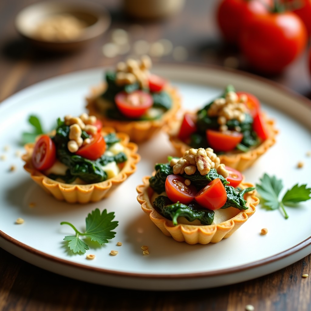 Tartaletas doradas en airfryer rellenas de espinacas y tofu ahumado, servidas en plato blanco con tomates cherry y nueces picadas.
