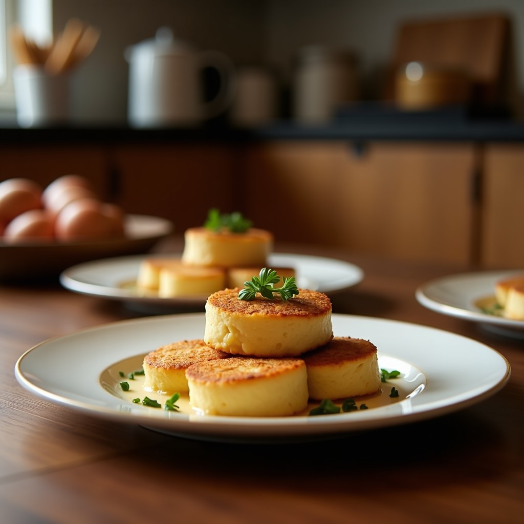 Tartaletas doradas de masa de garbanzo rellenas de espinacas salteadas y tofu ahumado en cubos, espolvoreadas con semillas de sésamo, sobre un plato de cerámica blanca con fondo rústico.