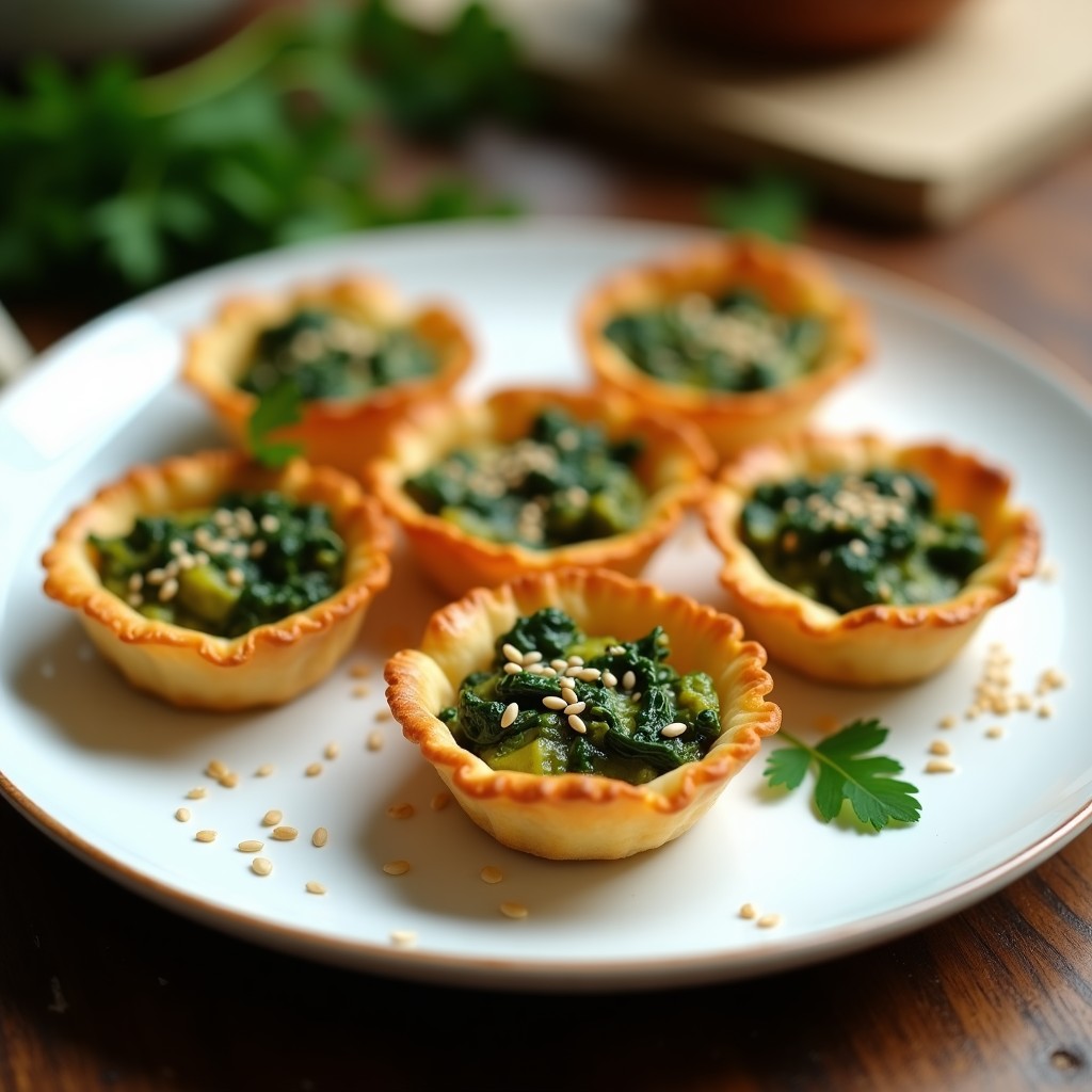 Tartaletas doradas y crujientes rellenas de espinacas verdes y trozos de tofu ahumado, servidas en un plato blanco con semillas de sésamo espolvoreadas, receta vegana y rápida.