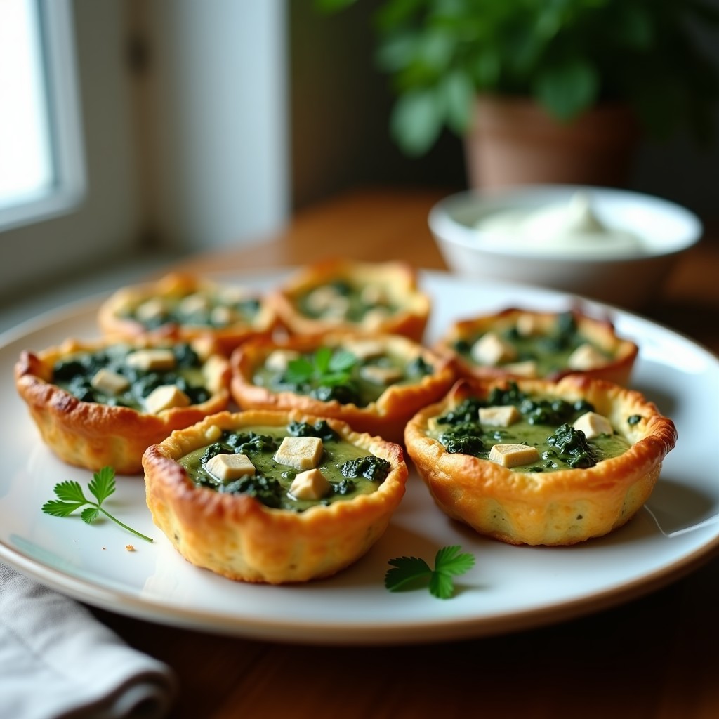 Tartaletas doradas y crujientes de espinacas y tofu en airfryer, servidas en un plato de cerámica blanca con hierbas frescas al lado.