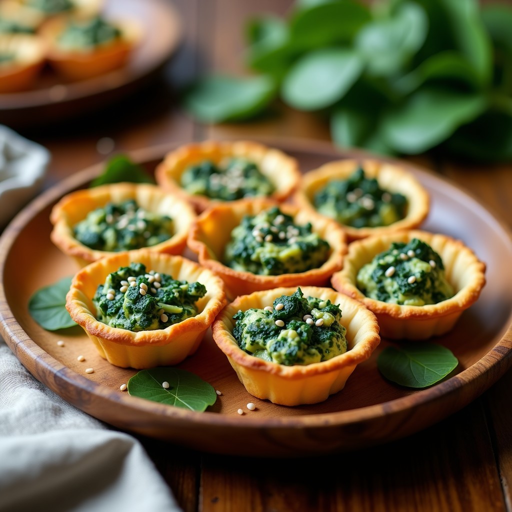 Tartaletas doradas en molde de horno con relleno cremoso verde de espinacas y tofu, espolvoreadas con semillas de sésamo, sobre un plato de madera rústico.