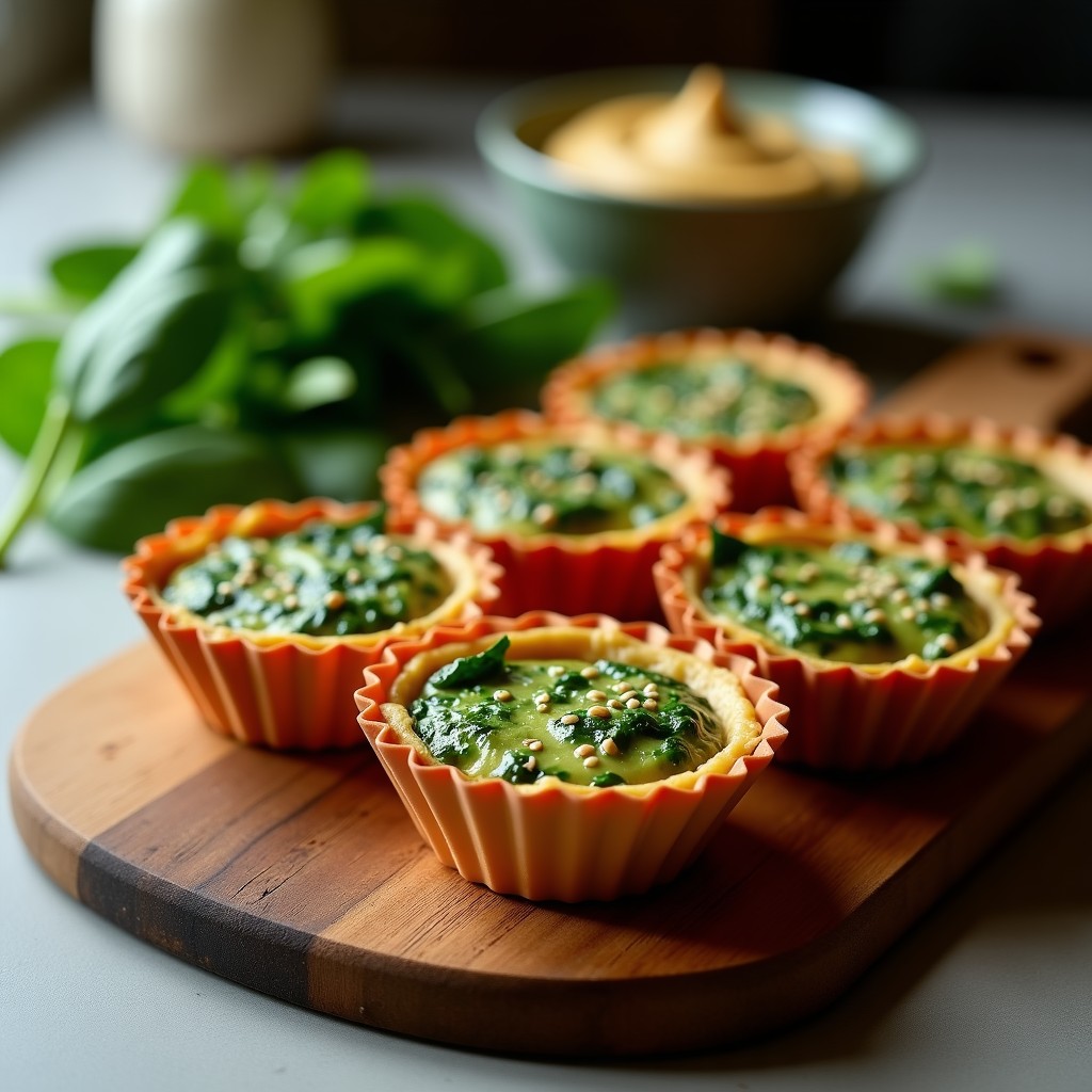 Tartaletas veganas de espinacas y tofu en molde de silicona, doradas por fuera y verdes por dentro, con semillas de sésamo visibles, servidas sobre una tabla de madera rústica.