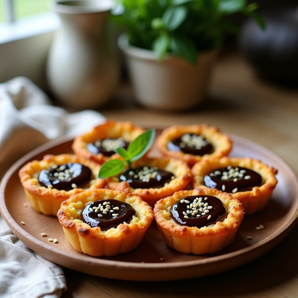 Tartaletas doradas de garbanzo y alcachofa en airfryer, con salsa de ajo negro cremosa y semillas de sésamo, servidas en plato rústico de madera.