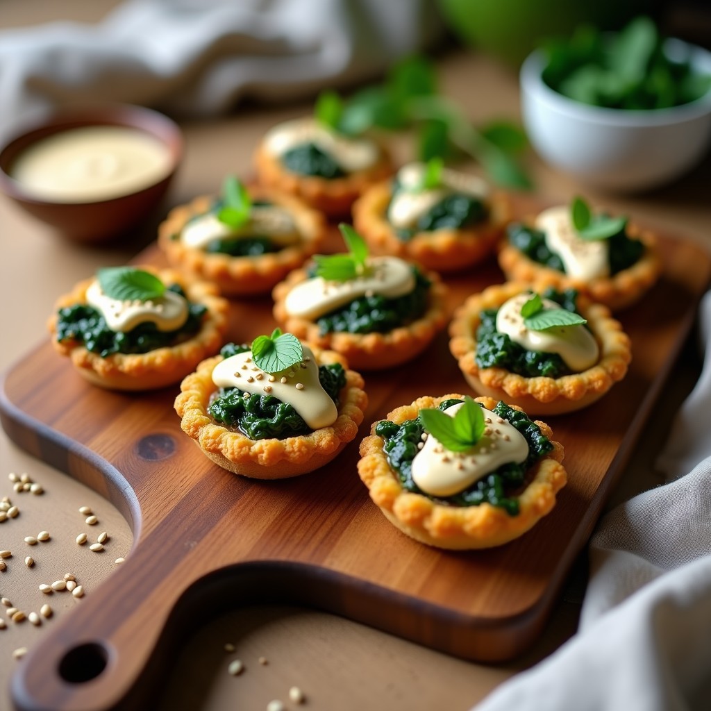 Tartaletas doradas de garbanzo y espinaca con crema de tahini y semillas de sésamo, servidas en plato de cerámica blanca sobre fondo de madera rústica, receta árabe vegana y sin gluten.