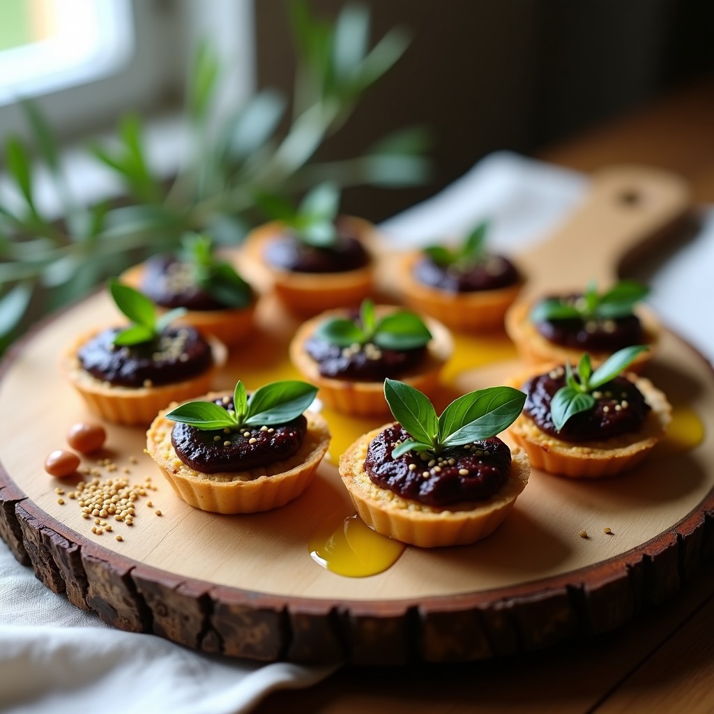 Tartaletas veganas sin horno de garbanzo tostado con paté cremoso de aceitunas Kalamata y tomates secos, decoradas con almendras fileteadas y semillas de sésamo sobre hojas de lechuga morada.