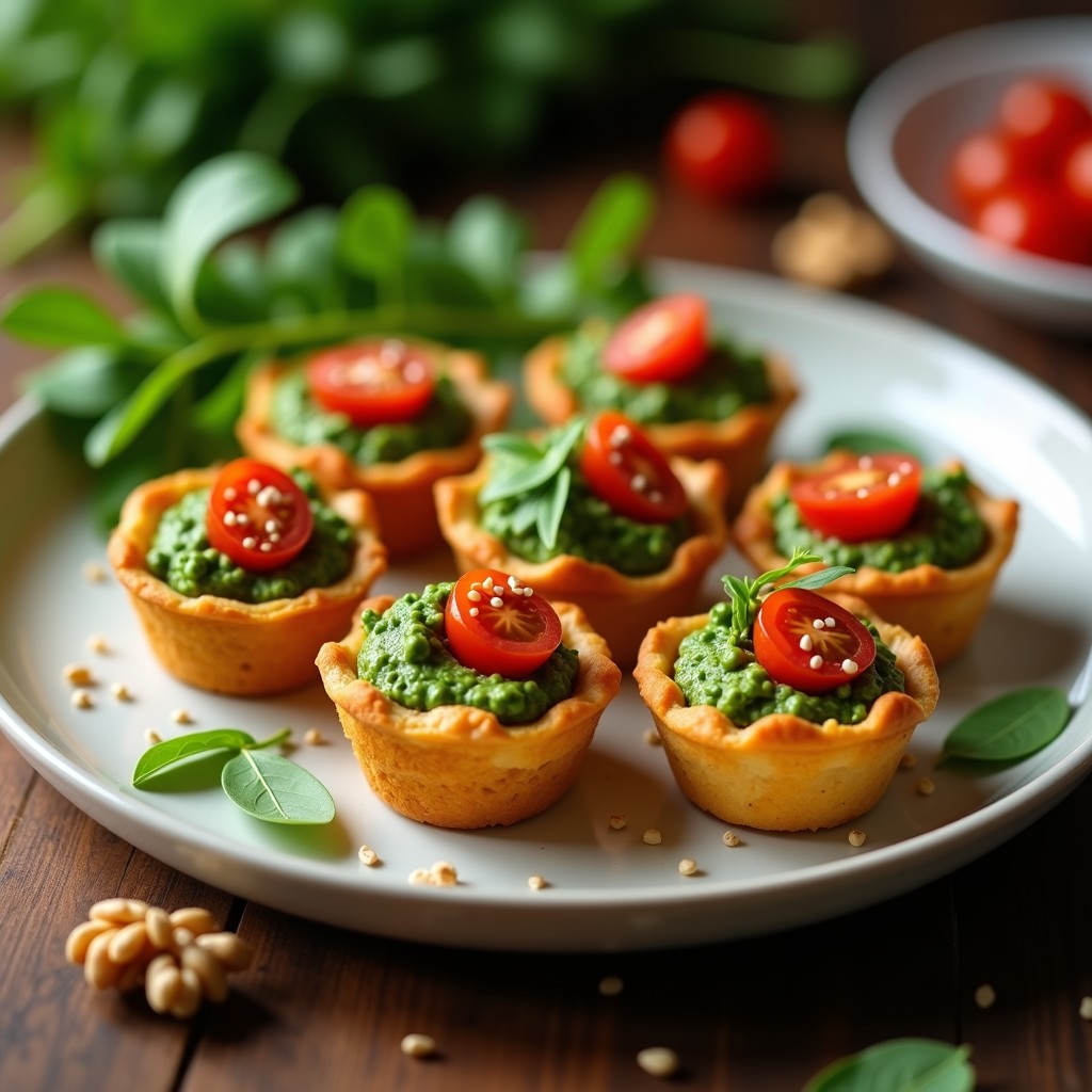 Tartaletas doradas de masa de garbanzo en molde de airfryer, rellenas de pesto verde de rúcula y nueces, decoradas con tomates cherry rojos y semillas de sésamo, sobre fondo rústico de madera.