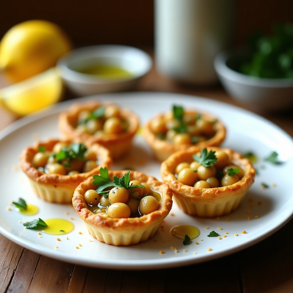 Tartaletas doradas y crujientes rellenas de garbanzos tostados, decoradas con perejil fresco, semillas de sésamo y un hilo de aceite de oliva picual sobre un plato de cerámica blanca con fondo rústico.