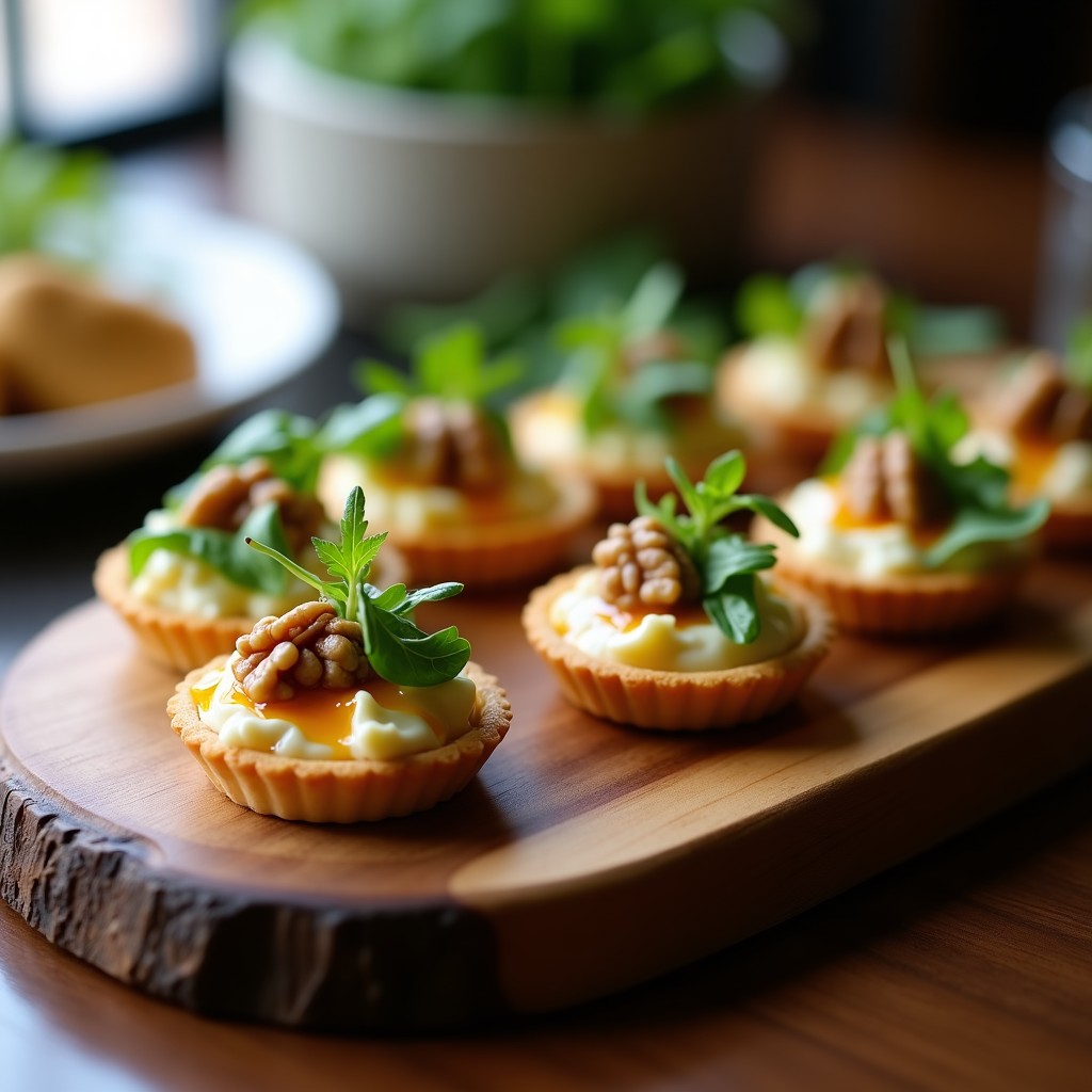 Tartaletas gourmet de masa quebrada dorada rellenas de queso gorgonzola cremoso, nueces tostadas picadas y un hilo de miel de romero, decoradas con hojas de rúcula fresca y un toque de vinagreta de balsámico.