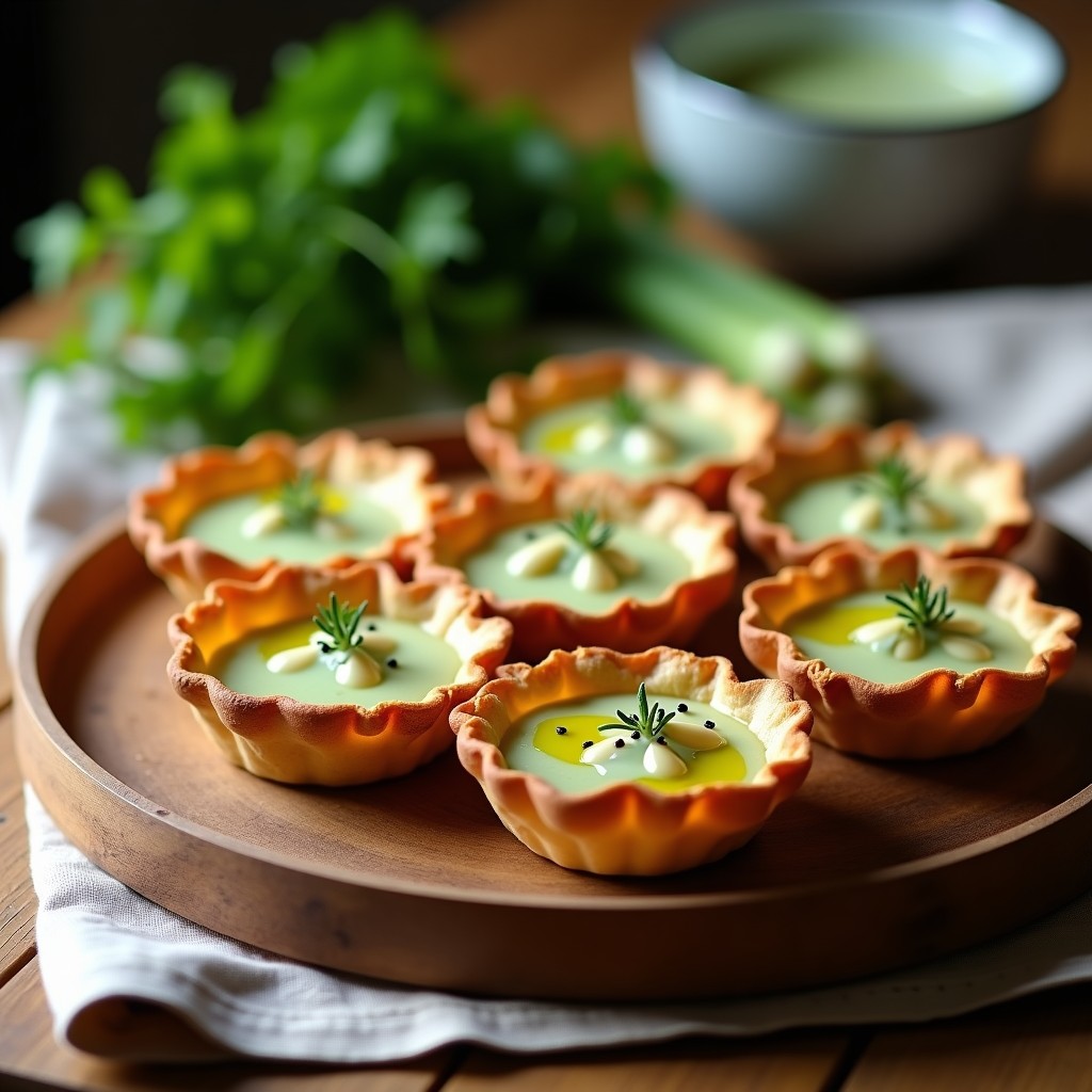 Tartaletas doradas de harina de almendra con relleno cremoso de espárragos blancos, decoradas con semillas de amapola y un hilo de aceite de oliva, servidas en bandeja de madera rústica.