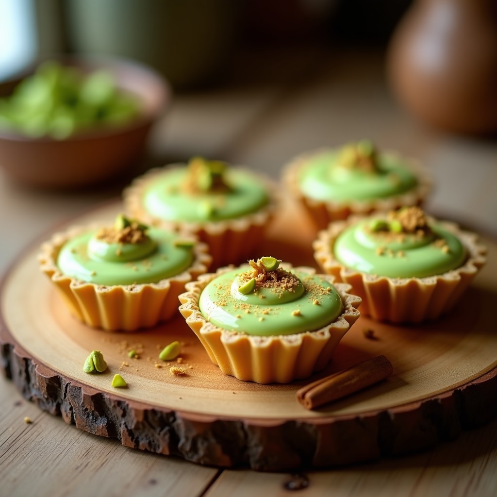 Tartaletas keto de harina de almendra con crema de pistacho verde suave, decoradas con pistachos picados y servidas en moldes dorados sobre una tabla de madera rústica.