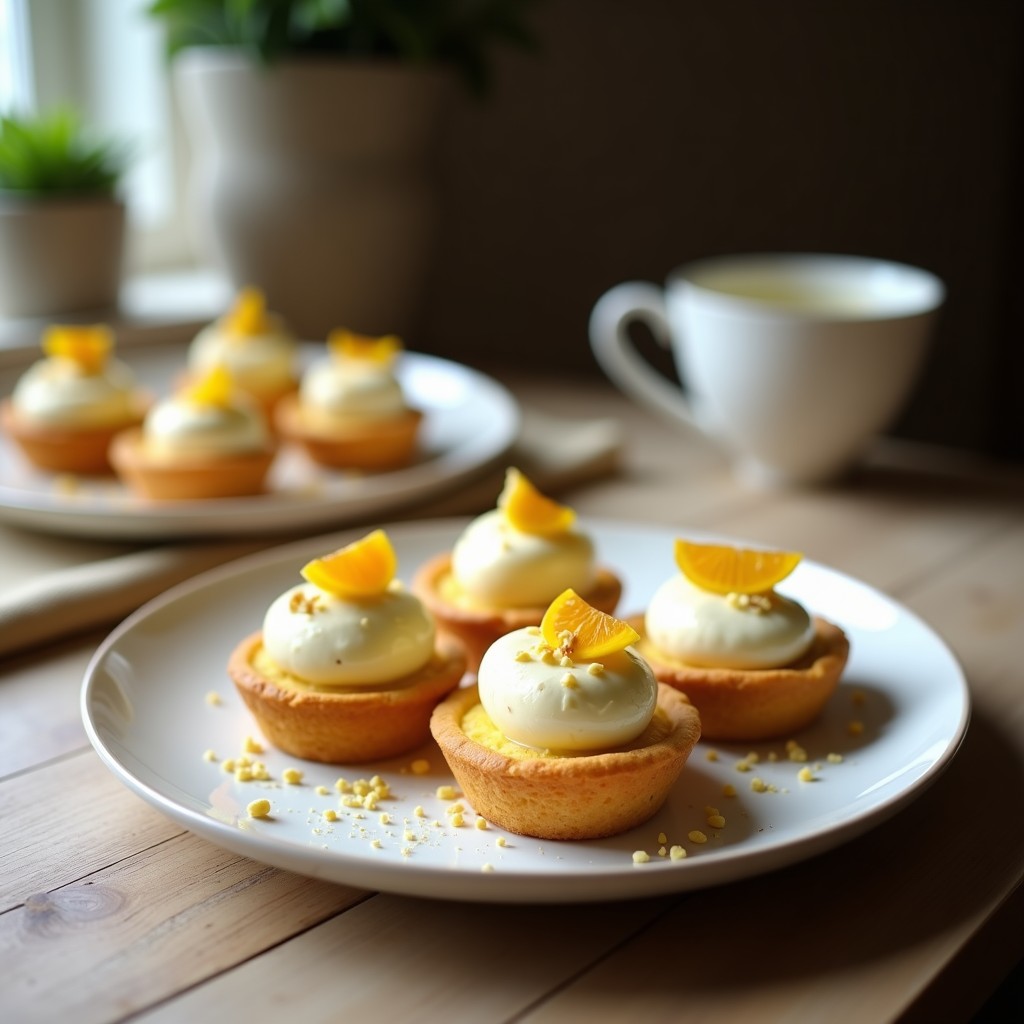 Tartaletas de harina de coco doradas rellenas de crema de maracuyá amarilla vibrante y bañadas con chocolate blanco brillante, decoradas con coco rallado. Postre sin gluten servido en plato blanco sobre fondo rústico.