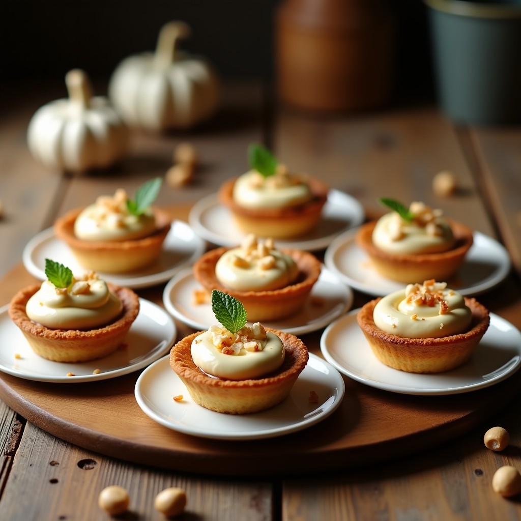 Tartaletas individuales con base dorada de harina de sorgo, rellenas de crema sedosa de nuez de macadamia, decoradas con coco rallado tostado y trozos de nuez. Postre australiano sin gluten sobre fondo rústico de madera.