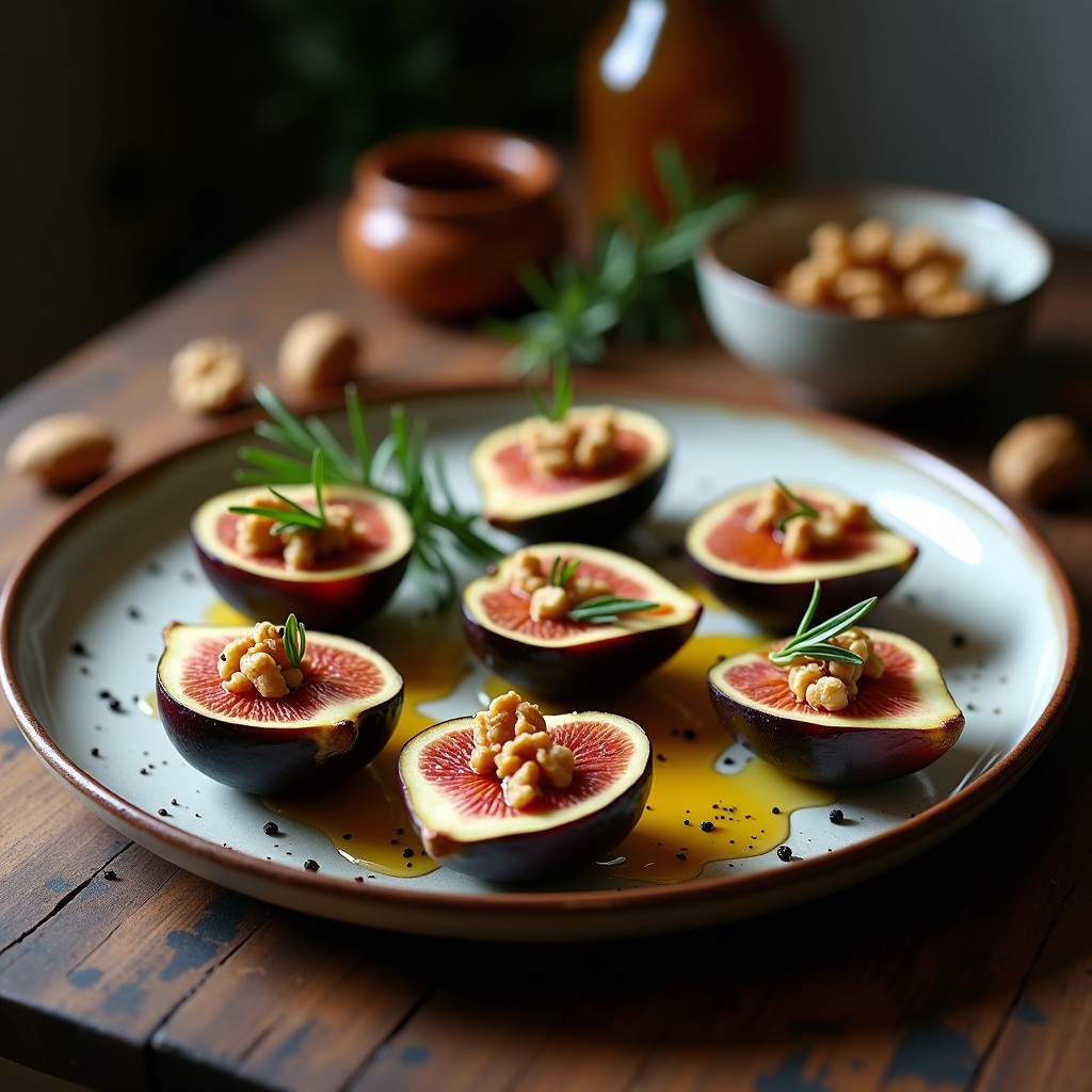 Tartaletas de higo asado rellenas de queso Cabrales derretido, con nueces picadas y romero fresco, servidas en una fuente de barro con miel y pimienta negra.