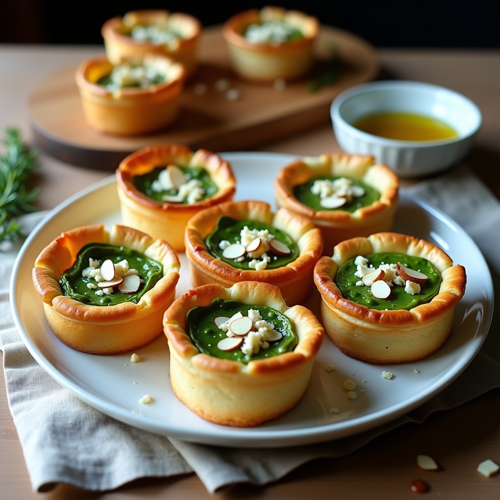 Tartaletas de hojaldre sin gluten doradas en moldes individuales, rellenas de crema verde de espárragos y espinacas, decoradas con puntas de espárragos y semillas de sésamo negro sobre fondo rústico de madera.