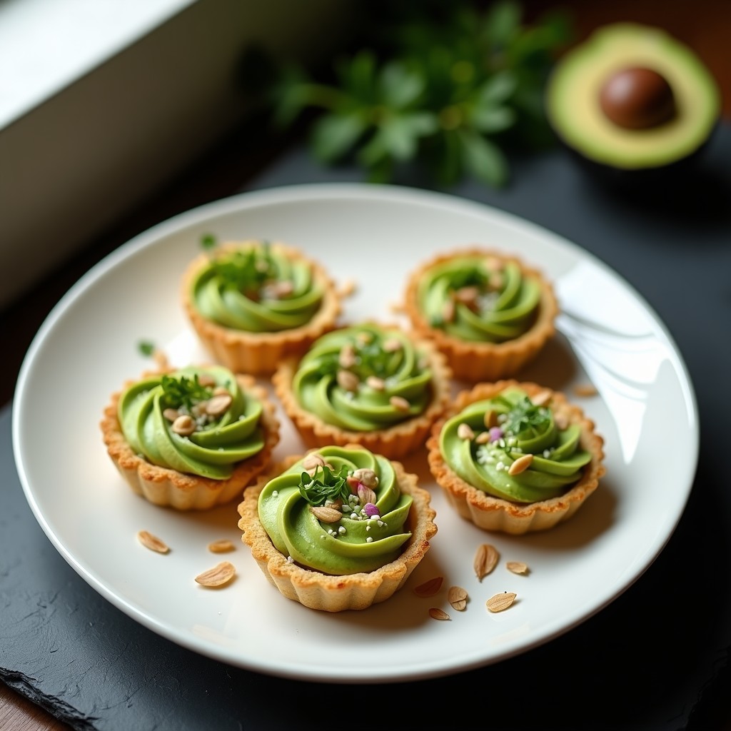 Tartaletas doradas de hojaldre sin gluten rellenas de crema verde vibrante de espirulina y aguacate, decoradas con semillas de sésamo y brotes de rábano sobre un plato de porcelana blanca con fondo oscuro.