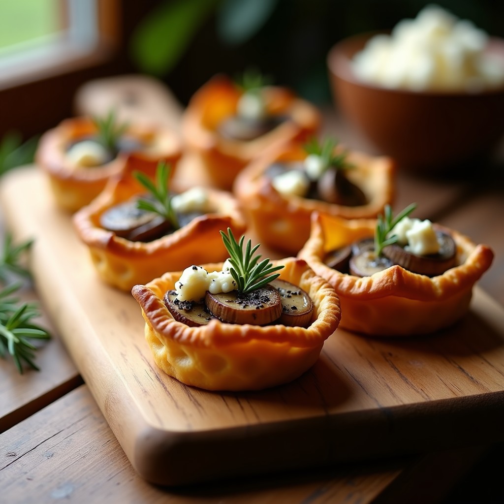 Tartaletas doradas de hojaldre rellenas de hongos portobello asados, queso de cabra desmenuzable y miel de romero, servidas en una bandeja de madera con tomillo fresco como decoración.