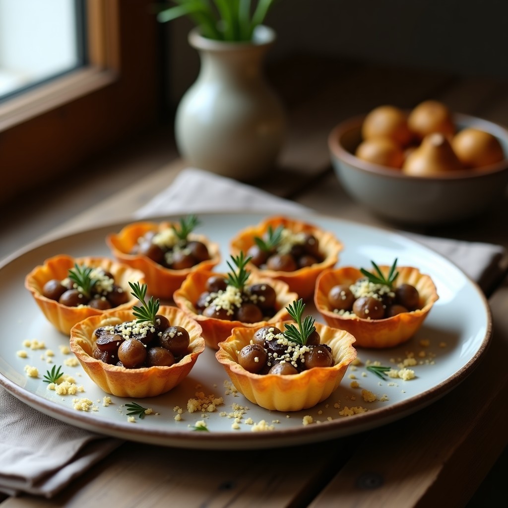 Tartaletas veganas gourmet de hongos chantarelas con base crujiente de lentejas y avellanas, decoradas con tomillo fresco y levadura nutricional.