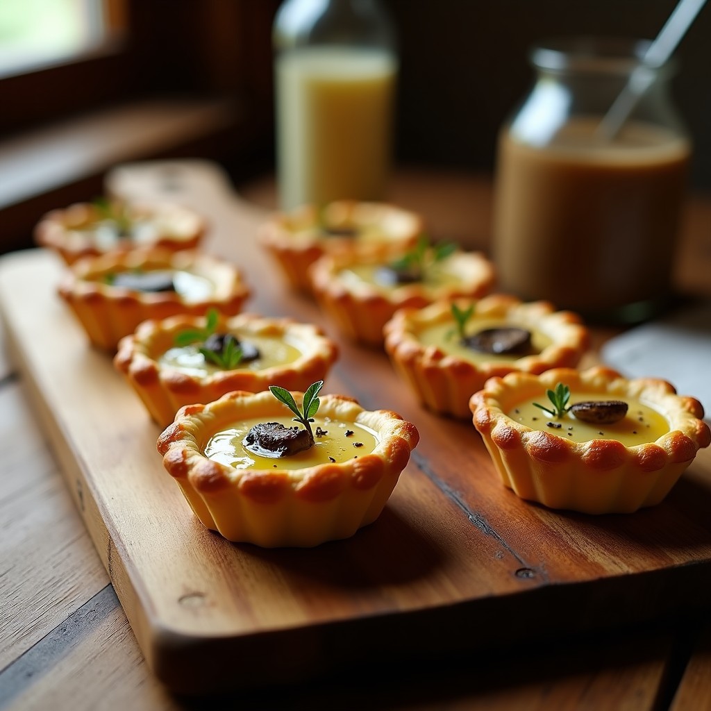 Tartaletas doradas en moldes individuales, rellenas de una mezcla cremosa de hongos porcini y queso gruyere, con un toque de aceite de trufa negra, servidas en una tabla de madera rústica.