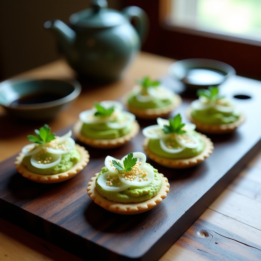 Tartaletas veganas con base de galleta de arroz rellenas de hummus verde cremoso de edamame, decoradas con juliana de rábano blanco, semillas de sésamo y hojas de vigencia fresca, servidas en bandeja de madera con toque japonés.