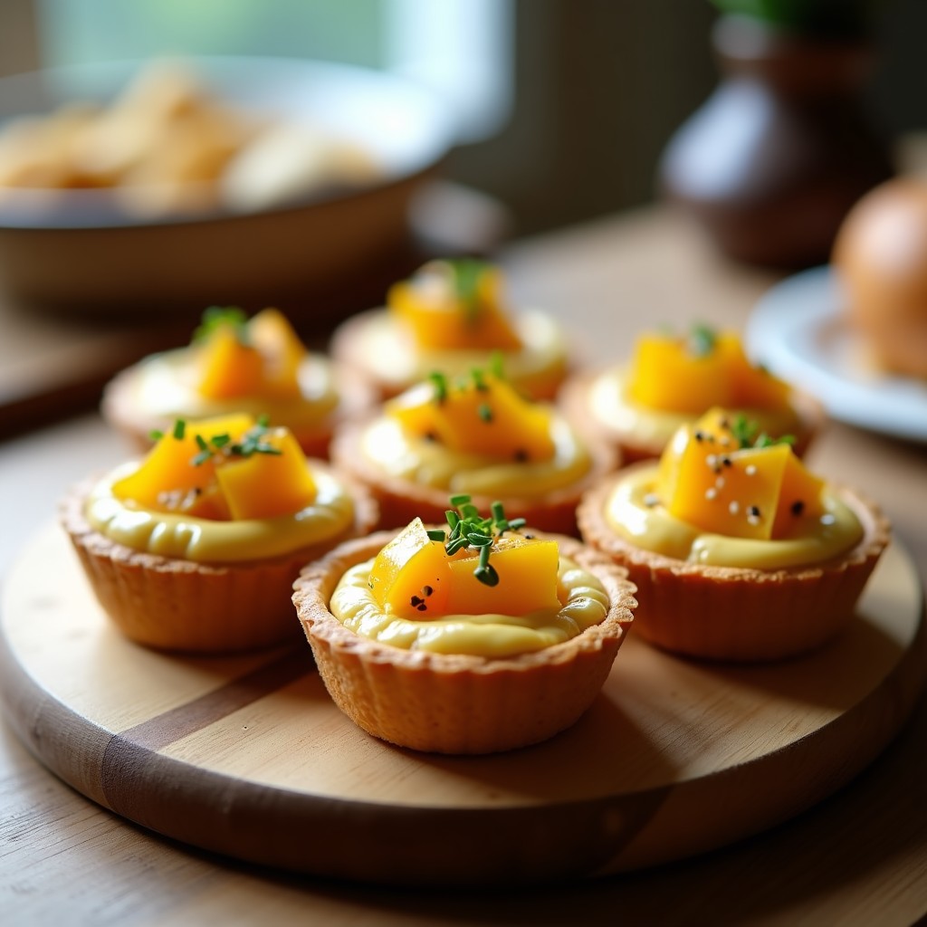 Tartaletas veganas doradas en airfryer rellenas de hummus cremoso, coronadas con semillas de granadilla brillante y espolvoreadas con sésamo y cebollino fresco. Receta de tartaletas de hummus y granadilla con toque ácido.