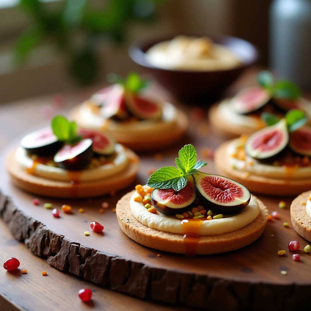 Tartaletas libanesas de hummus cremoso sobre bases crujientes de pan de pita, coronadas con gajos de higos frescos, miel de tomillo, pistachos picados y hojas de menta. Aperitivo colorido y elegante.