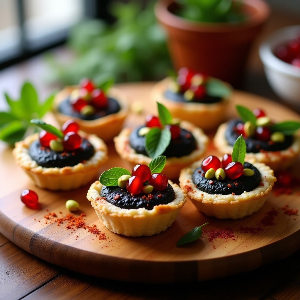 Tartaletas de arroz inflado rellenas de hummus negro cremoso, decoradas con semillas de granada rojas, pistachos picados verdes y hojas de menta fresca sobre un plato de madera rústico. Aperitivo libanés vegano y crudivegano con toques de pimentón ahumado.