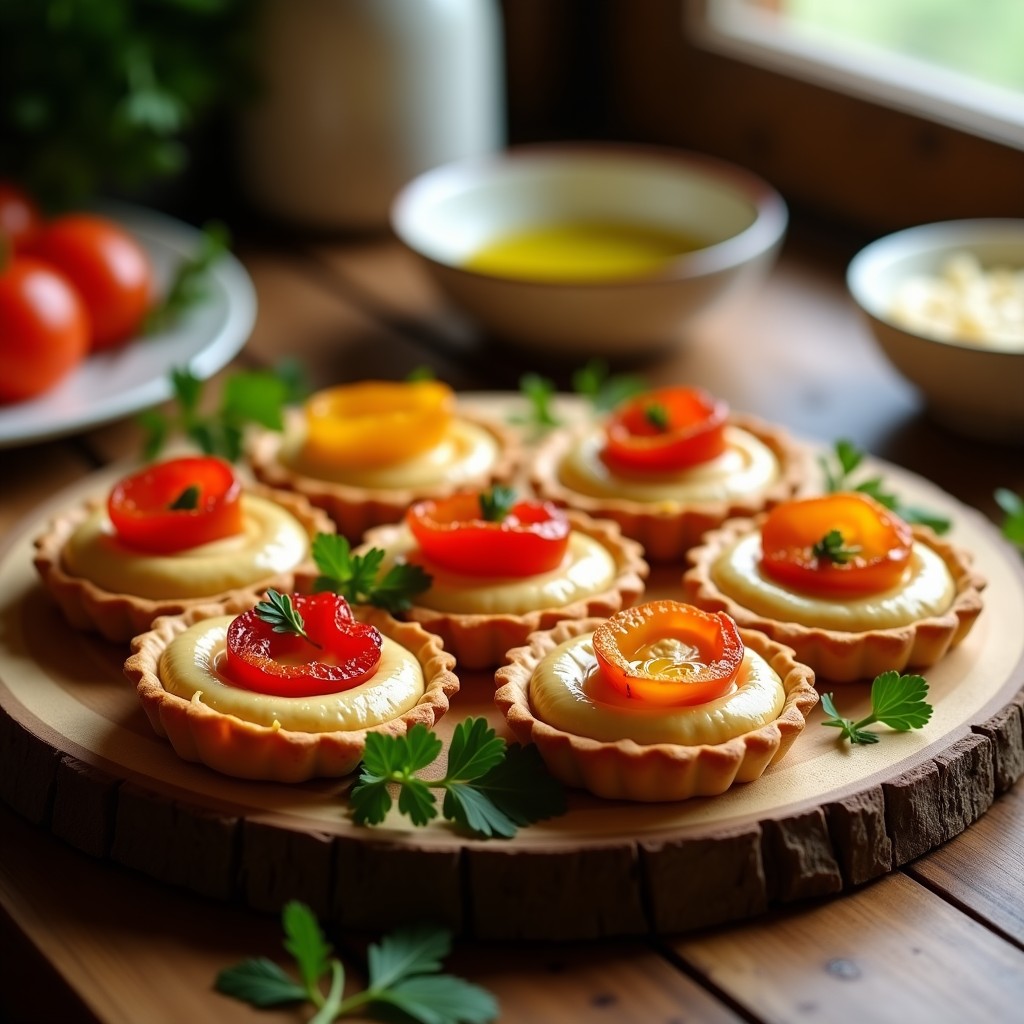 Tartaletas doradas y crujientes rellenas de hummus cremoso y tiras de pimientos asados rojos y amarillos, servidas en una bandeja de madera con hierbas frescas. Receta vegana en Airfryer para aperitivo.
