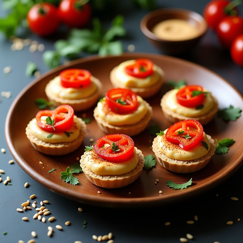 Tartaletas veganas sin horno con base de galleta de arroz, hummus cremoso, tiras de pimientos asados rojos, topping de sésamo y limón confitado, decoradas con hoja de menta y hilo de aceite de oliva.