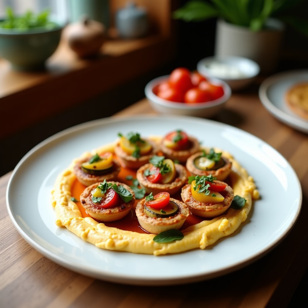 Tartaletas de hummus cremoso con verduras asadas (berenjena, calabacín y pimiento) sobre bases crujientes de semillas, decoradas con perejil y zaatar. Entrante libanés sin horno, colorido y apetitoso.