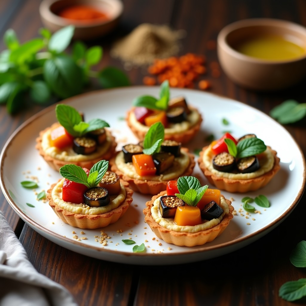 Tartaletas doradas de hummus con especias zaatar, rellenas de verduras asadas (berenjena, calabacín y pimiento rojo) en un plato de cerámica blanca. Decoradas con hojas de menta fresca y semillas de sésamo, servidas sobre una mesa rústica de madera con un fondo borroso de especias y hierbas.
