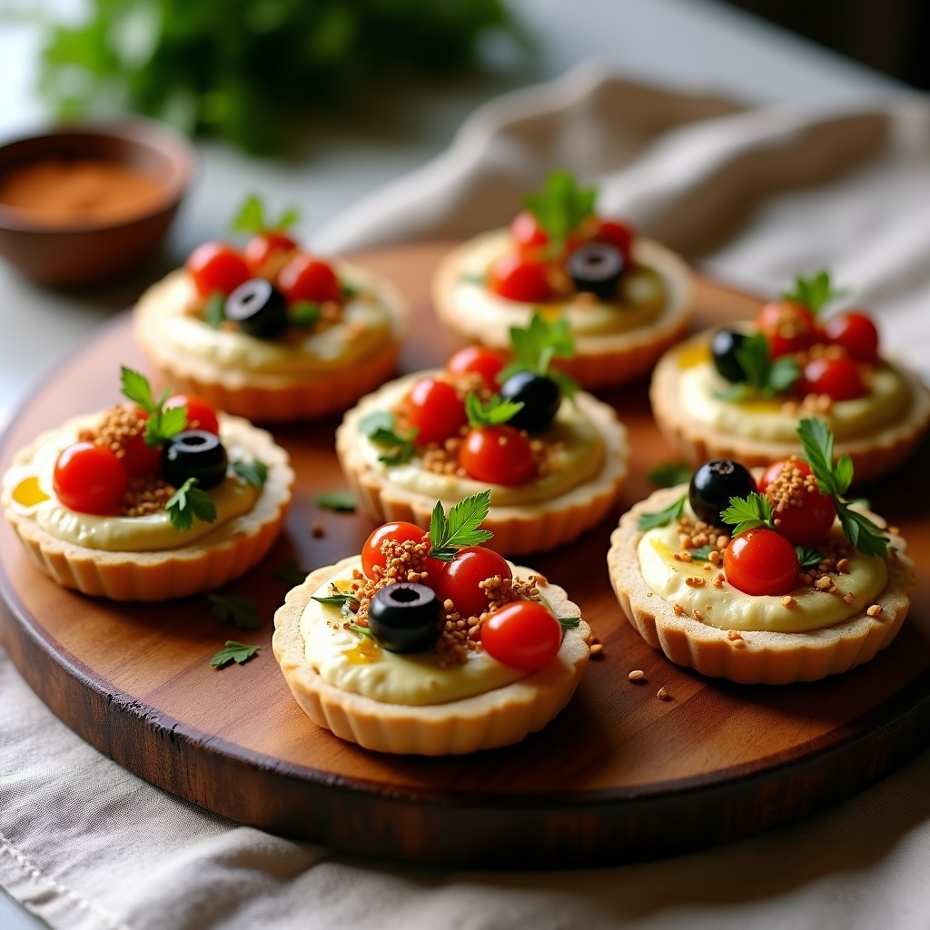 Tartaletas de hummus negro y zaatar sobre pan de pita keto tostado, decoradas con aceitunas kalamata, menta fresca y semillas de sésamo, aperitivo árabe sin gluten.