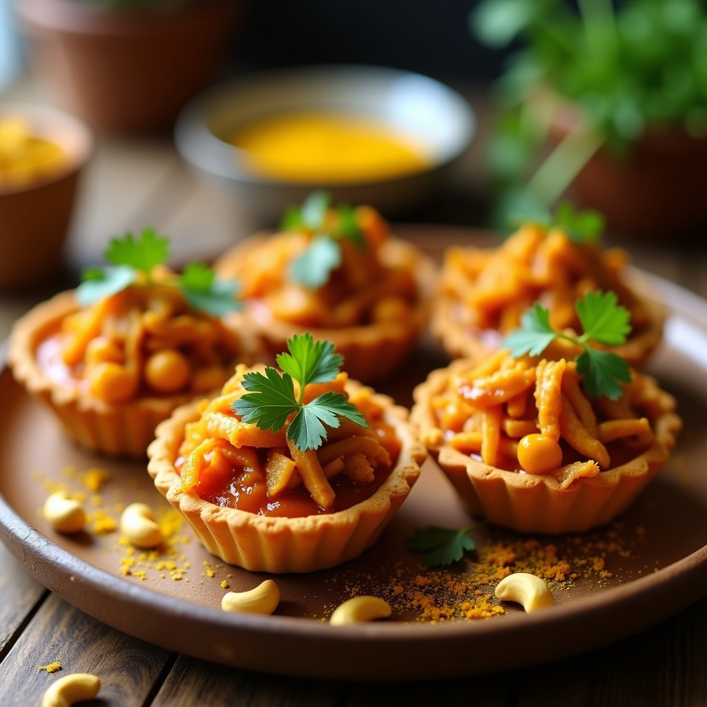 Tartaletas doradas de masa sin gluten rellenas de jackfruit desmenuzado al curry rojo, con trocitos de anacardo y cilantro fresco. Plato vegano indio crujiente servido en bandeja de madera con fondo de especias.