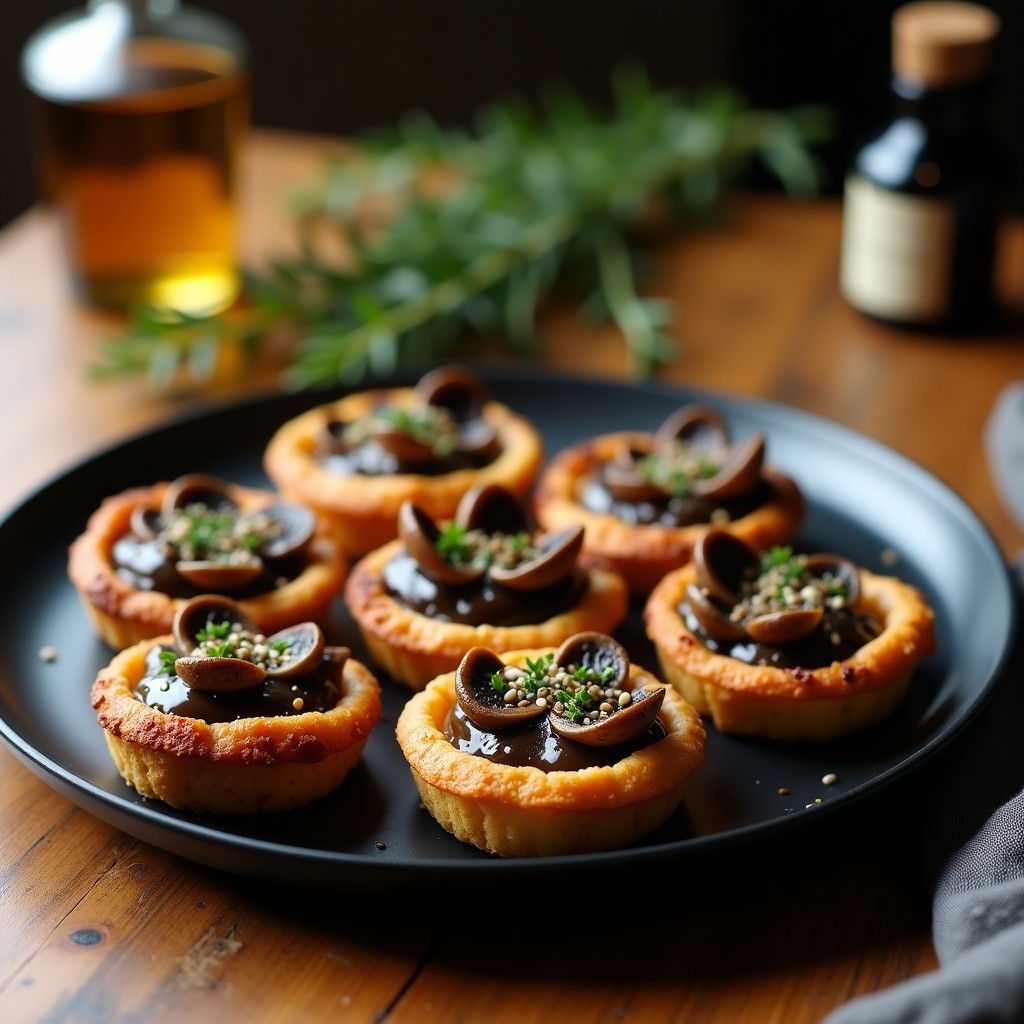 Tartaletas doradas de harina de lenteja con relleno oscuro de champiñones portobello salteados, brillantes por el aceite de trufa, decoradas con semillas de amapola y servidas en plato negro sobre fondo rústico. Receta gourmet vegana de tartaletas de lenteja y trufa.