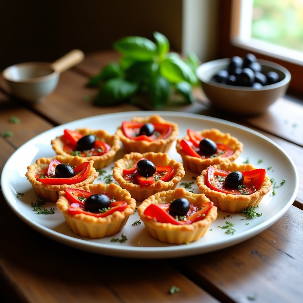 Tartaletas veganas al horno con base dorada de lentejas rojas y relleno vibrante de pimientos asados rojos y aceitunas negras, decoradas con perejil fresco sobre un plato de cerámica blanca.