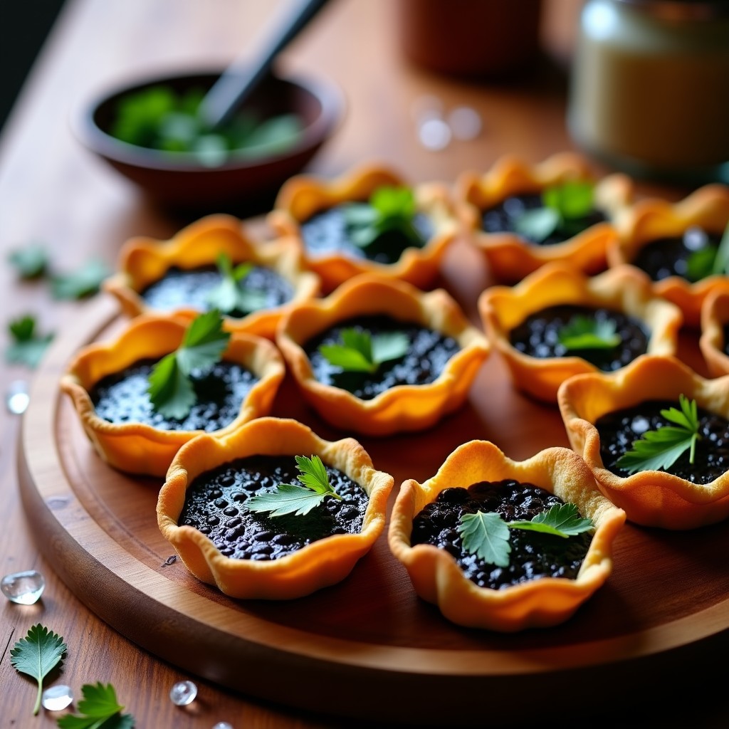 Tartaletas de maíz azul crujientes rellenas de crema sedosa de frijoles negritos, decoradas con hielo picado y cilantro fresco, servidas en una bandeja de madera rústica con fondo de textura mexicana.