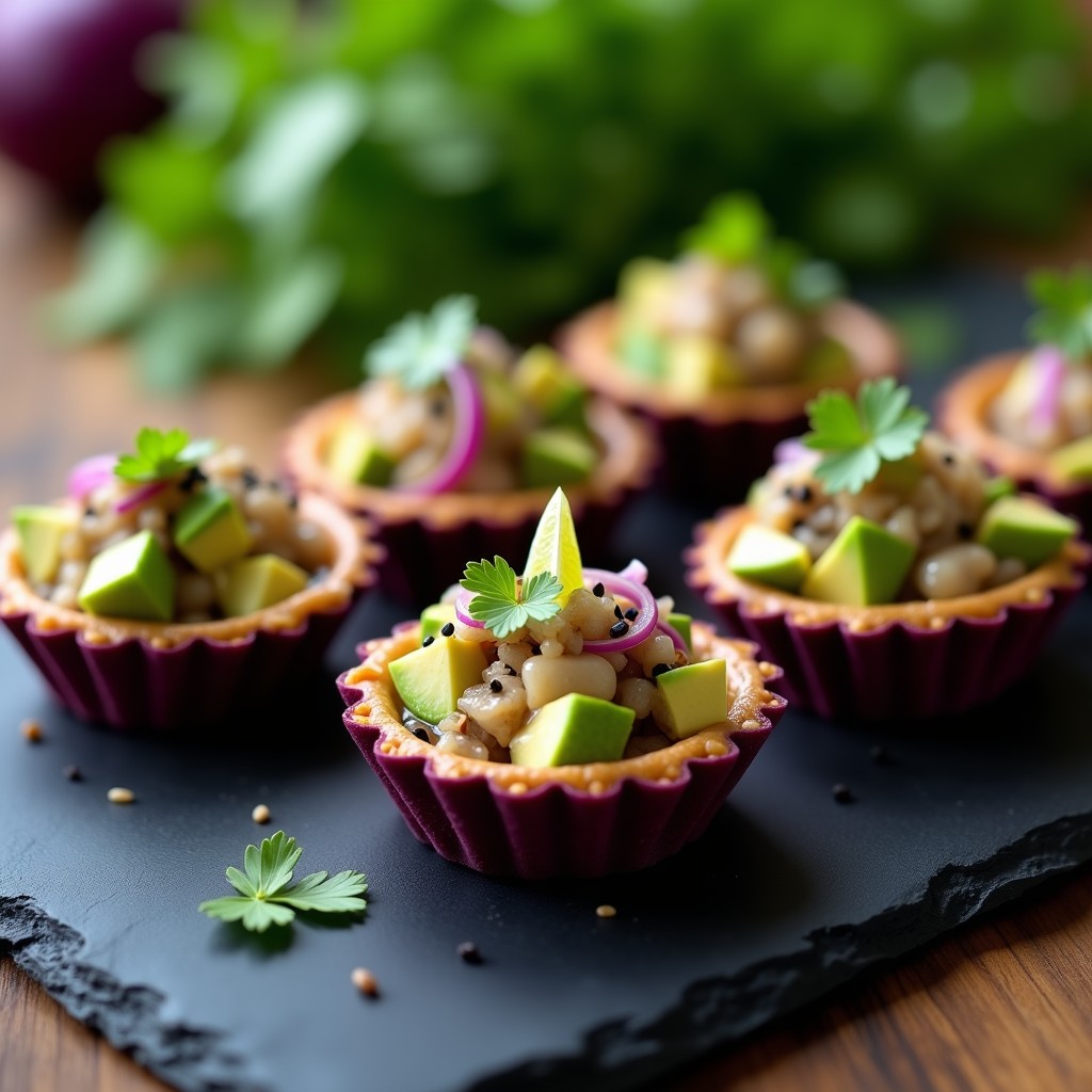 Tartaletas de maíz morado horneadas con bordes dorados, rellenas de ceviche de hongos shimeji y aguacate en cubos, decoradas con semillas de sésamo negro y rodajas de limón verde. Plato vegano peruano con colores vibrantes y textura crujiente.