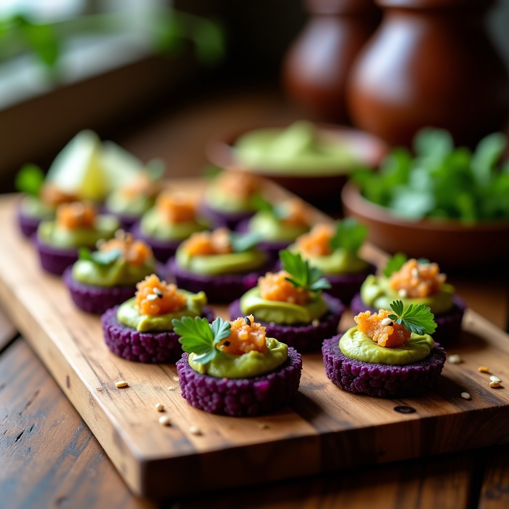 Tartaletas de Maíz Morado con Guacamole y Crujiente de Chicharrón de Hongos: Aperitivo Peruano Vegano