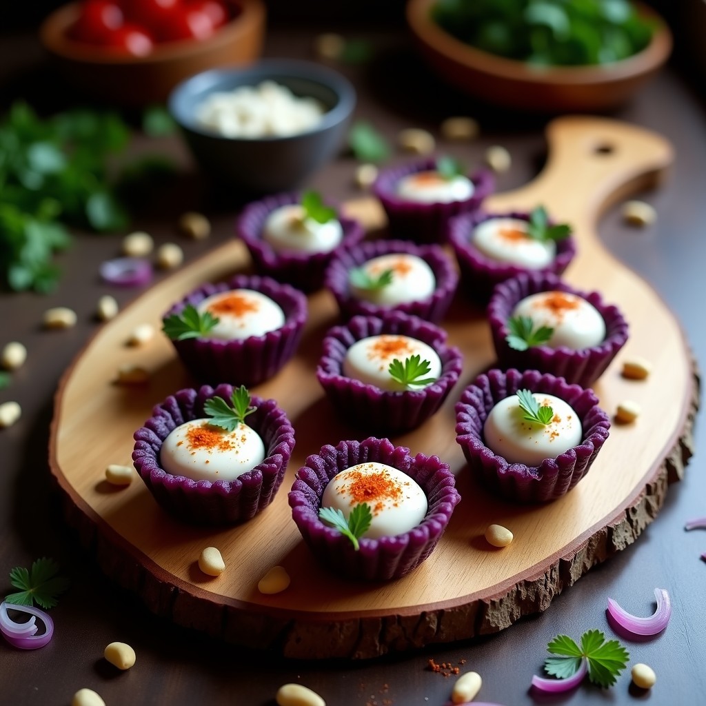 Tartaletas de maíz morado con base crujiente y relleno cremoso de queso de anacardos, decoradas con cebolla morada y cilantro fresco. Aperitivo peruano sin horno, colorido y elegante.
