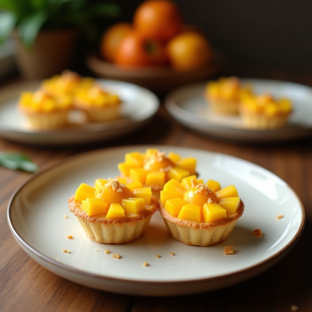 Tartaletas de mango y coco servidas en moldes dorados, con capas visibles de crema de coco, mango en cubos y coco rallado, decoradas con hojas de menta y un hilo de miel sobre fondo blanco rústico.