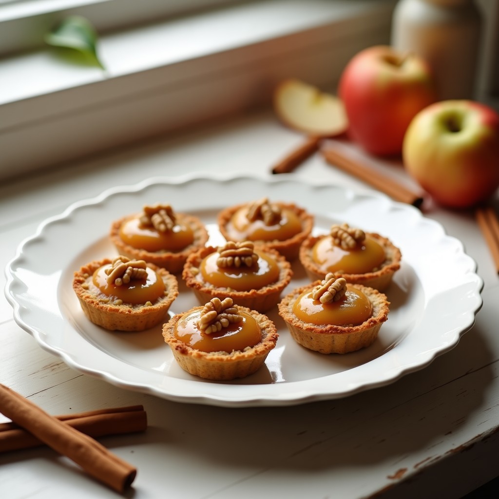 Tartaletas individuales sin horno con base dorada de avena y almendras, rellenas de crema de manzana caramelizada con canela y decoradas con nueces picadas y un hilo de miel, sobre un plato de cerámica blanca.